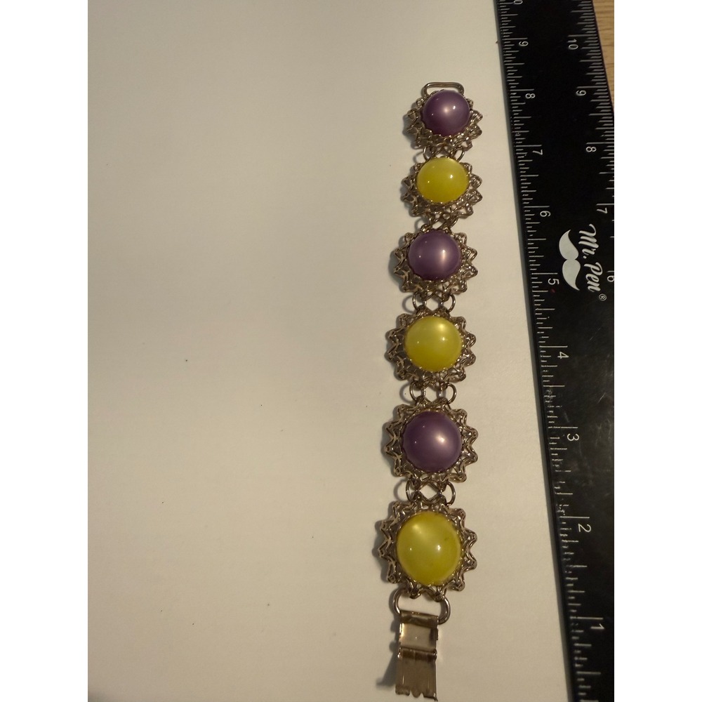Vintage Silver Tone Purple Yellow Moonglow Cabochon Filigree Link Bracelet 7.5"